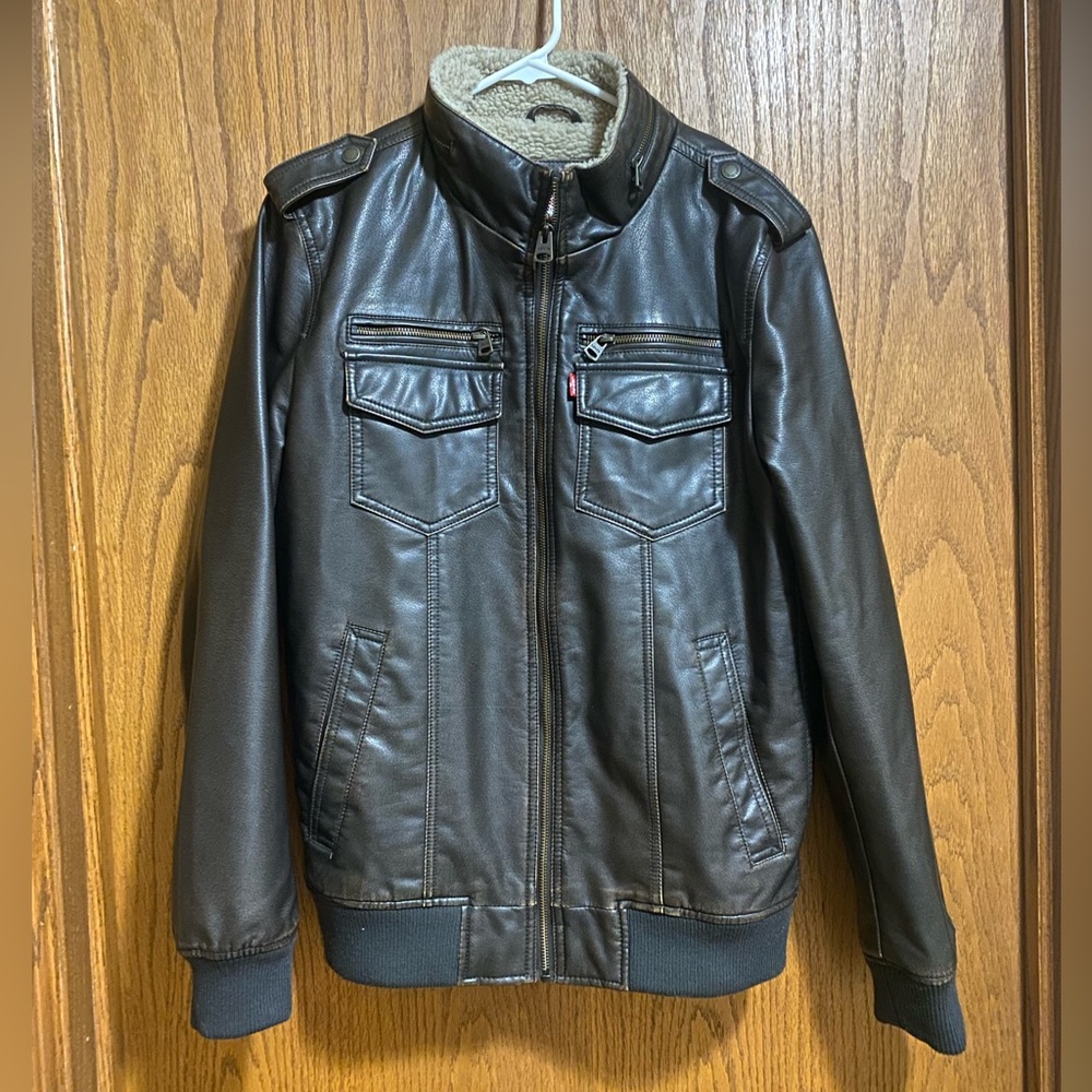 Men's Faux Leather Sherpa Aviator Bomber Jacket Brown Small